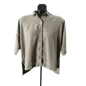 Everlane Women’s Silk Short Sleeve Button Front Blouse Taupe Oversized Boxy Top